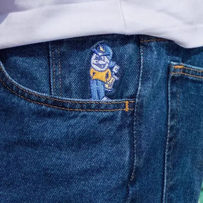 Hip Hop Gothic Cartoon Big Boy Graphic Embroidery Baggy Jeans Black Pants Jeans Y2K Mens Womens Harajuku High Waist Wide Trouser Street King Limited