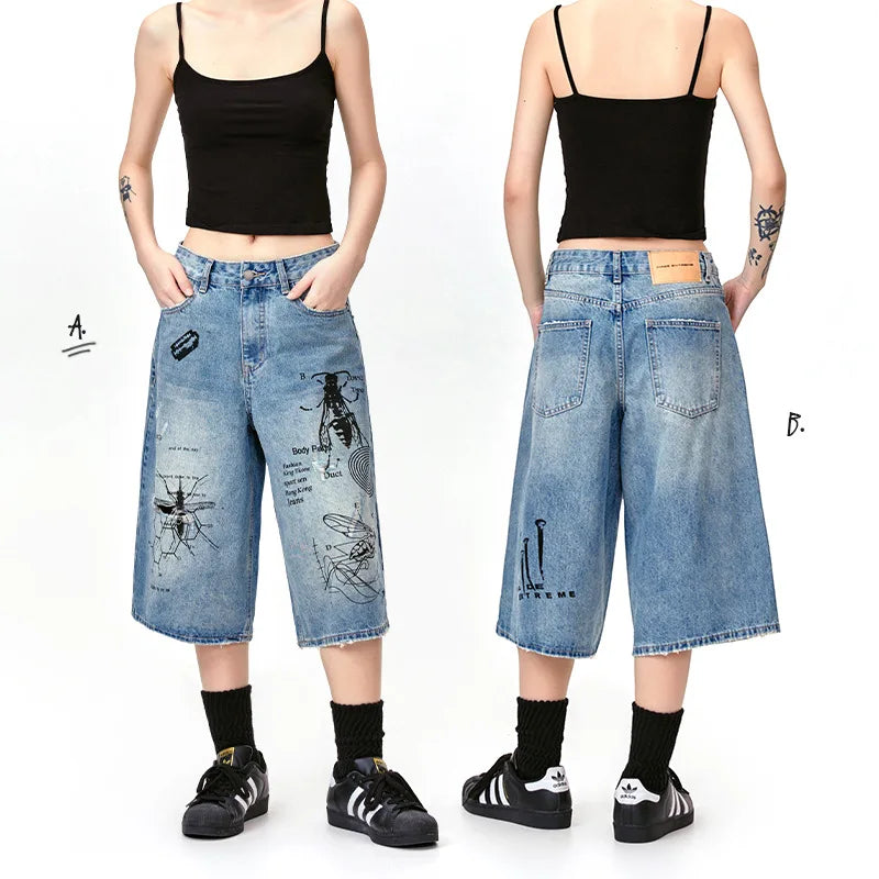 Men's Ripped Denim Shorts 2024 Summer Fashion Graffiti Insect Patterned Jeans Shorts Harajuku Streetwear Short Pants Y2K Street King Limited