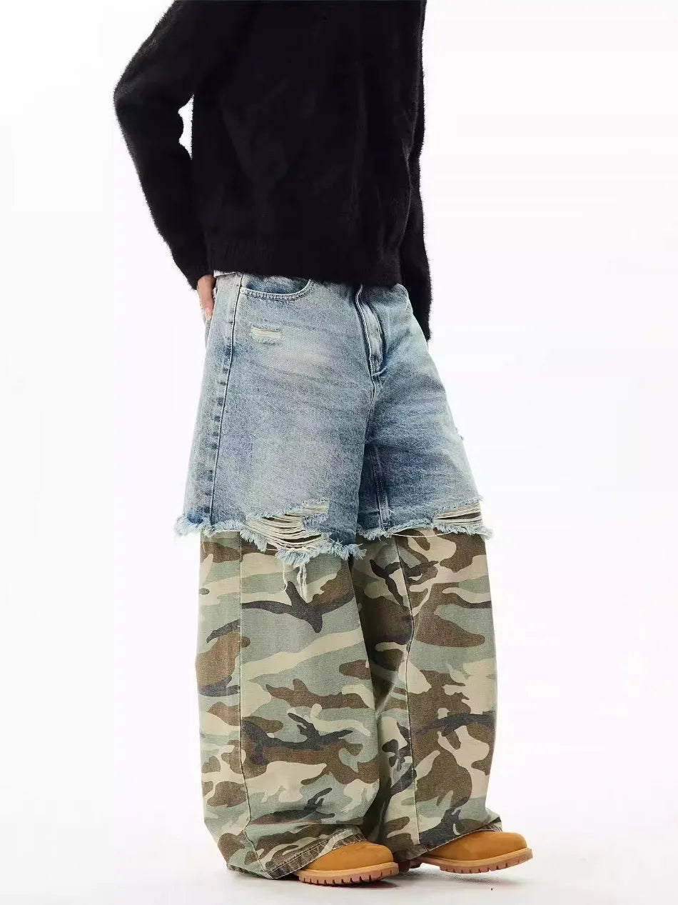 Camouflage Patchwork Jeans Mens Fake Two Items Street Punk Unisex Denim Pants Multiple Pockets Blue Size S-3XL Cowboy Trousers Street King Limited