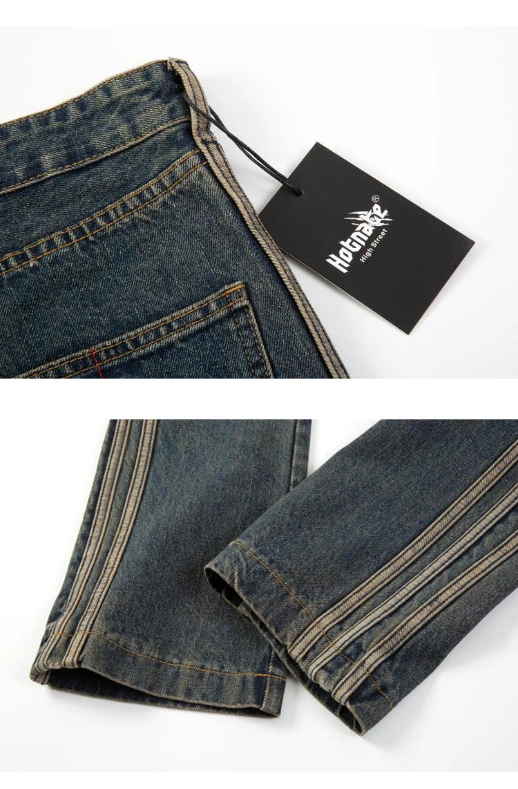 high street vibe washed striped flared jeans dark blue distressed jean casual side stripes slim micro flared jeans pants male unique jeans style 1672