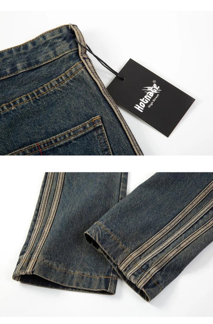 high street vibe washed striped flared jeans dark blue distressed jean casual side stripes slim micro flared jeans pants male unique jeans style 1672