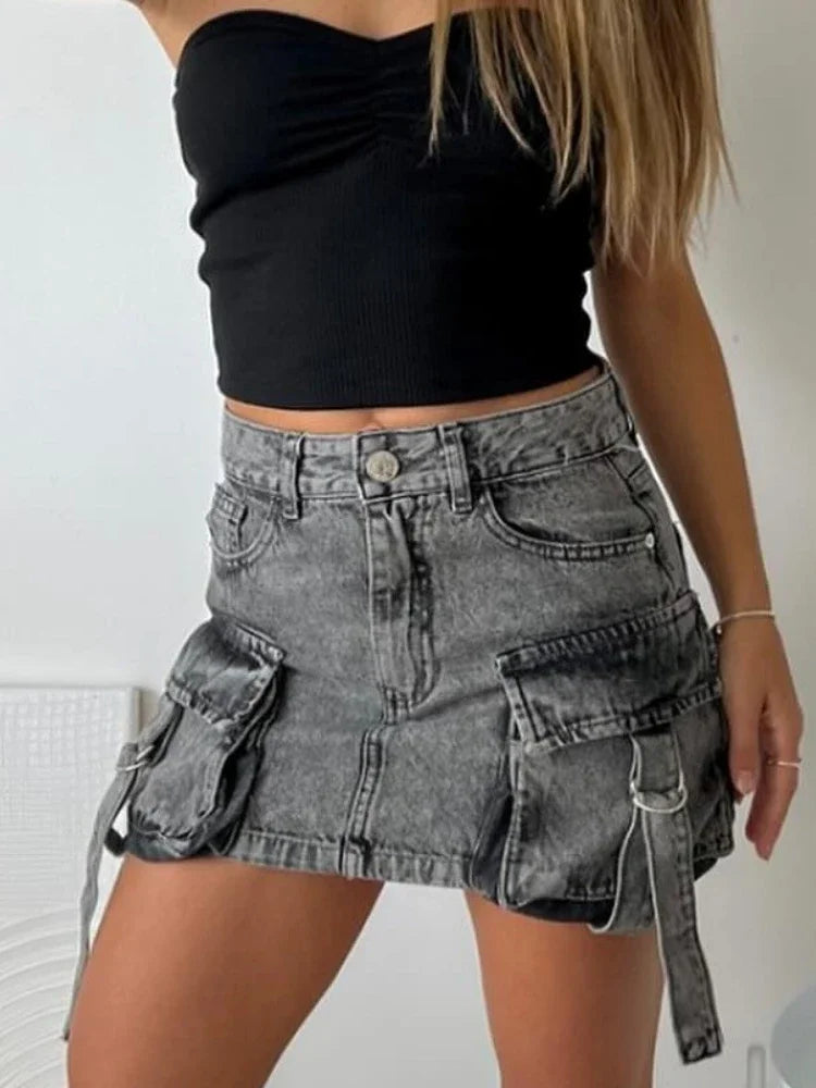 Vintage Y2K New Harajuku Multiple Pockets Denim Plaid Skirt Goth Black Mini Skir Fashion Womens Casual Versatile Sexy Streetwear Street King Limited
