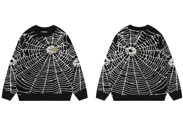 2023 Men Streetwear Sweater Hipster Spider Web Graphic Hip Hop Knitted Sweater Casual Loose Pullover Sweater Black Purple Street King Limited