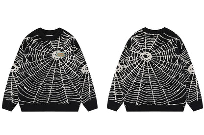 2023 Men Streetwear Sweater Hipster Spider Web Graphic Hip Hop Knitted Sweater Casual Loose Pullover Sweater Black Purple Street King Limited