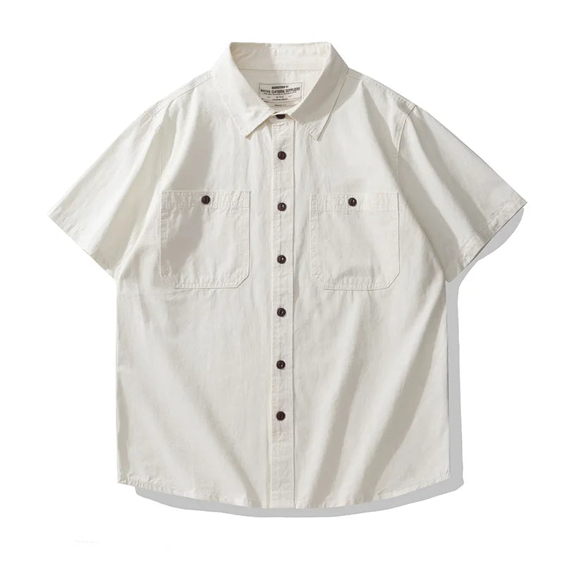 Men's Japanese Short Sleeve Cargo Shirt, Solid Color, Simple Fashion, Engineer Casual Shirt, 100% Cotton, New, Summer Street King Limited