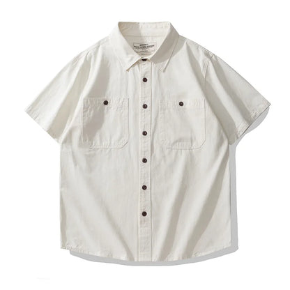 Men's Japanese Short Sleeve Cargo Shirt, Solid Color, Simple Fashion, Engineer Casual Shirt, 100% Cotton, New, Summer Street King Limited