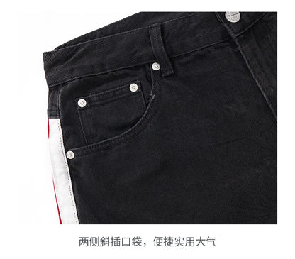 men streetwear fashion side splice hip hop loose casual wide leg straight baggy jeans pant cityboy jeans pants trousers unique jeans style 2486