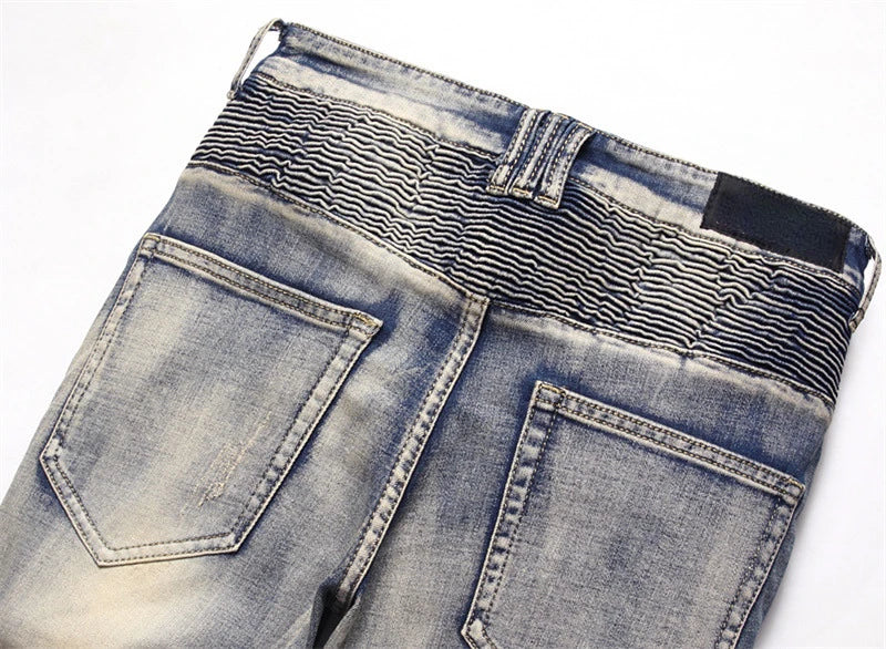 distressed washed pleated denim jean pants new fashion biker jeans streetwear casual slim pants jogger y2k mens skinny joggers unique joggers style 3143