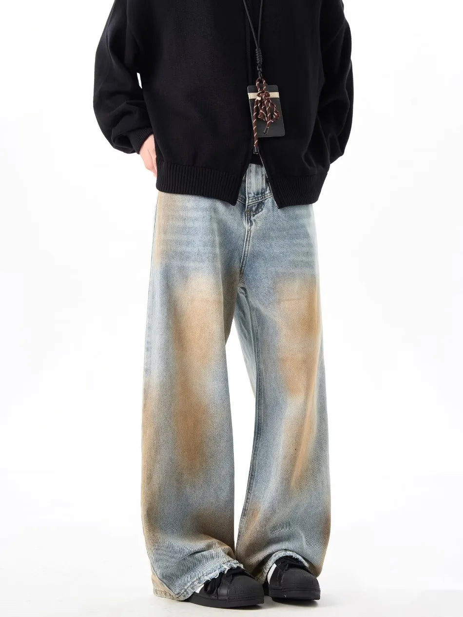 2024 High Street Washed Mens Jeans Gradient Color Blocking Hip Hop Blue Cowboy Pants Loose Straight Leg Denim Trousers Trend Street King Limited