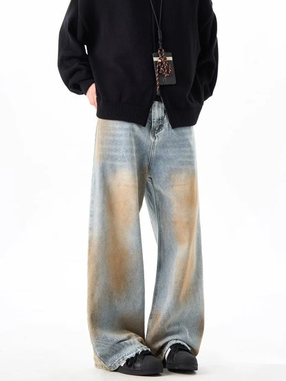 2024 High Street Washed Mens Jeans Gradient Color Blocking Hip Hop Blue Cowboy Pants Loose Straight Leg Denim Trousers Trend Street King Limited