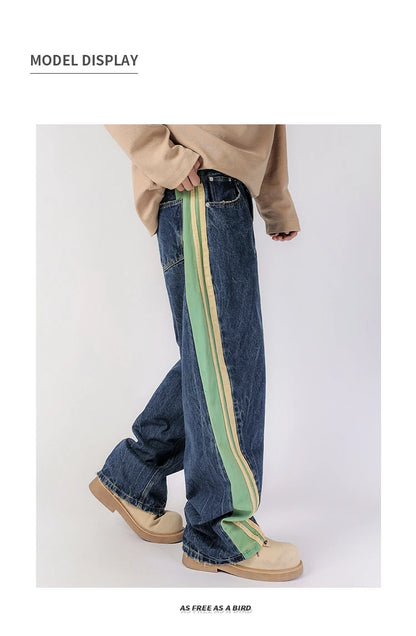 men streetwear fashion side splice hip hop loose casual wide leg straight baggy jeans pant cityboy jeans pants trousers unique jeans style 2494