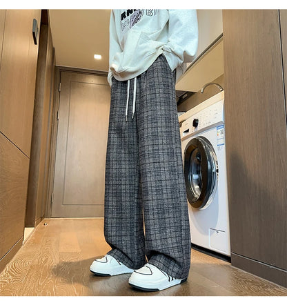 mens plaid pants baggy winter trendy fleece loose straight wide leg mopping trousers unisex thick velvet warm long pants unique default style 1116