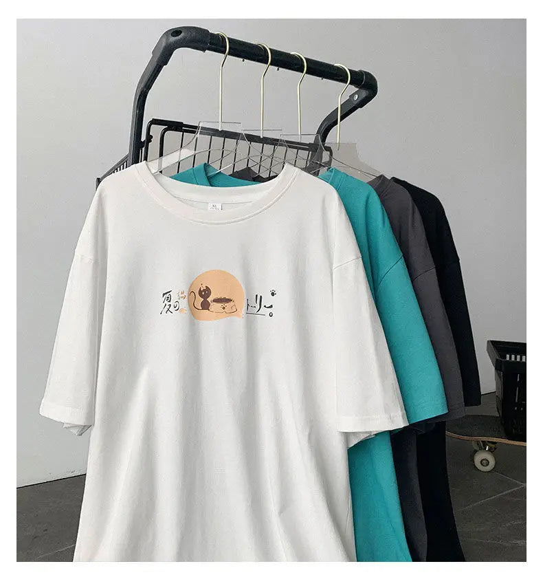 Korean style fun cat print men short-sleeved T-shirt new lazy style y2k simple casual versatile salt loose half-sleeved T-shirt Street King Limited