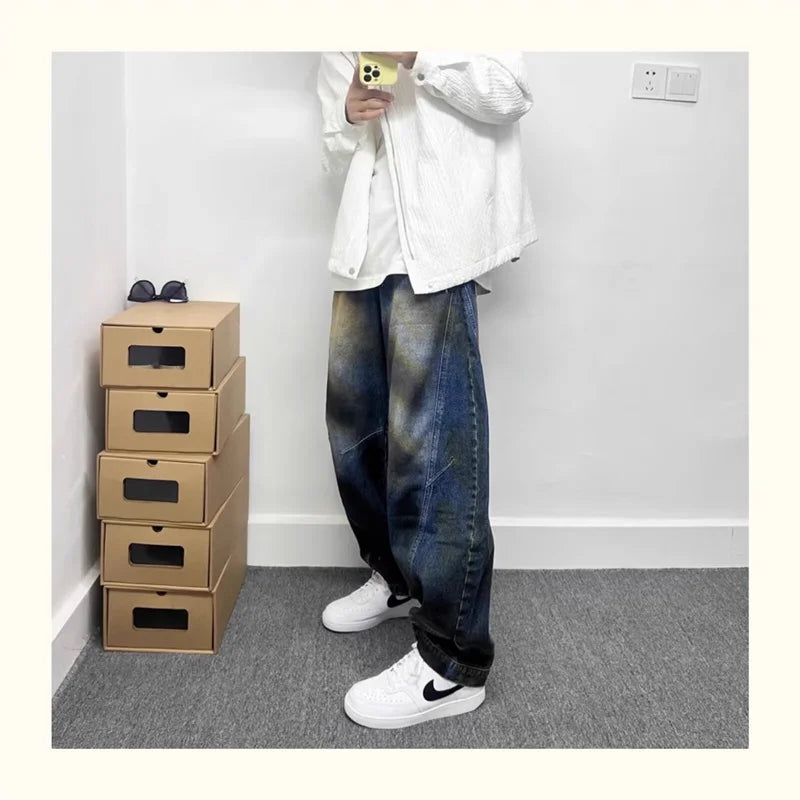 autumn hip hop graffiti painted baggy jeans mens y2l streetwear wide leg denim pants punk fashion distressed gradient jean unique jeans style 280