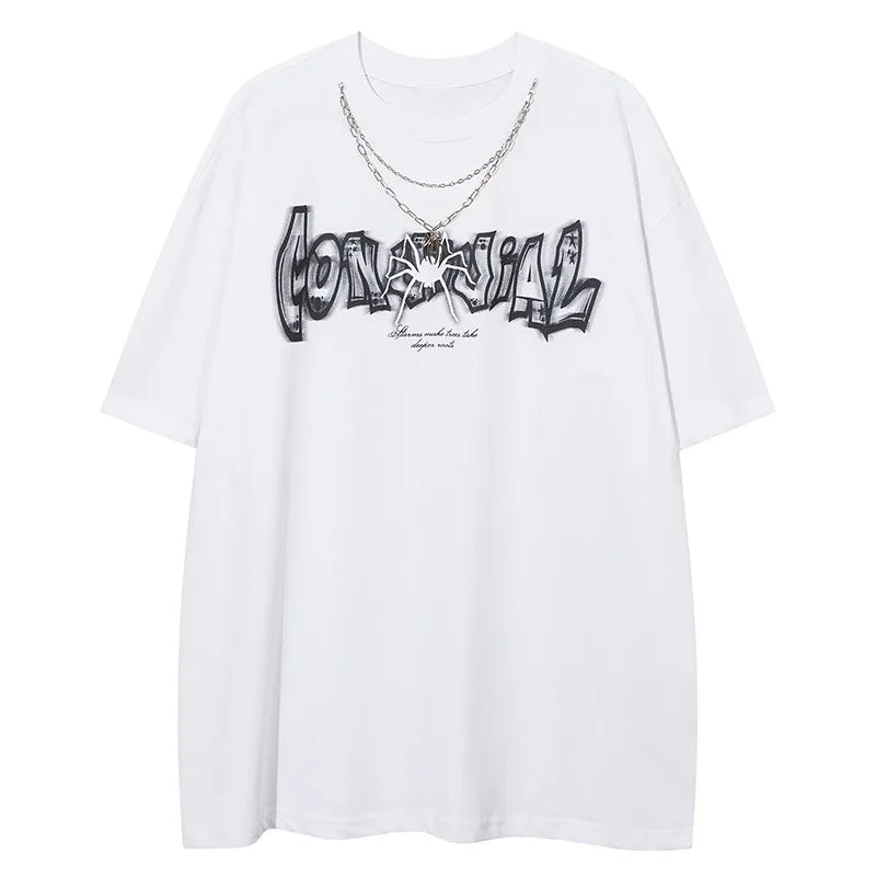 Men T Shirts Spider Letter Printed with Necklace Short Sleeve Tees High Street Hip Hop Tshirt Harajuku Vintage Y2k Tops Unisex Street King Limited