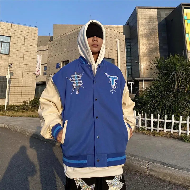 baseball jacket men women patchwork high street retro flocking letter cat coat spring autumn casual loose varsity jackets unisex unique default style 3807