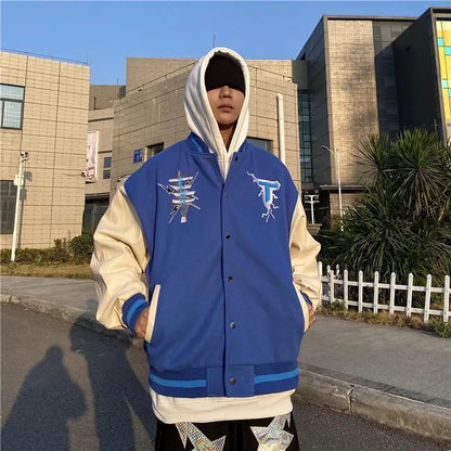 baseball jacket men women patchwork high street retro flocking letter cat coat spring autumn casual loose varsity jackets unisex unique default style 3807