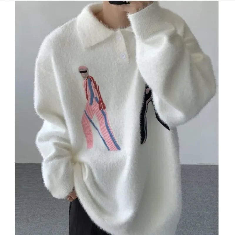 Korean Embroidery Lapel Sweater Mens Spring Street Trends Soft Seahorse Hair Loose Pullover Thickening Y2K Couple Knitwear New Street King Limited