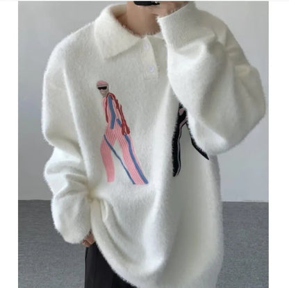 Korean Embroidery Lapel Sweater Mens Spring Street Trends Soft Seahorse Hair Loose Pullover Thickening Y2K Couple Knitwear New Street King Limited