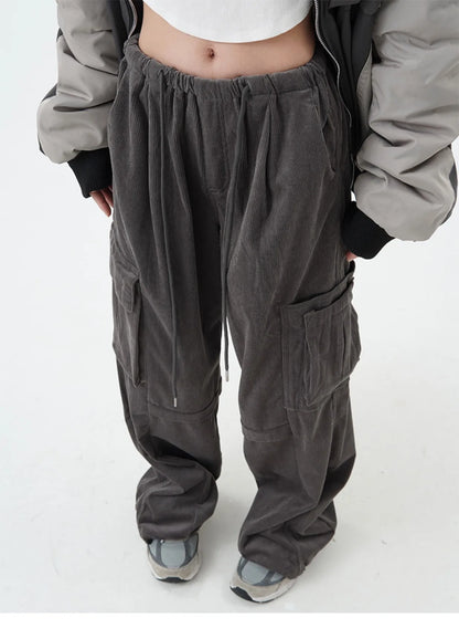 women high street corduroy pants casual elastic waist side pocket loose straight pant unisex hip hop y2k loose streetwear jogger unique joggers style 1353