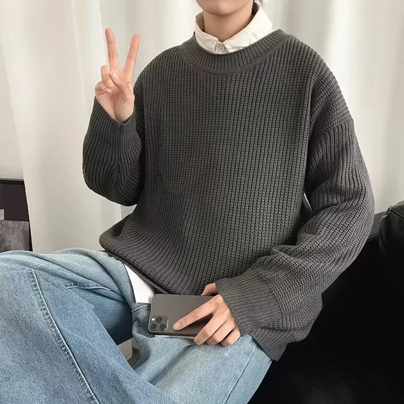 2023 Autumn Crew Neck Solid Color Pullover Sweaters For Men Casual Y2K Knitted Sweater High Street Fashion Jumpers Hombre Street King Limited