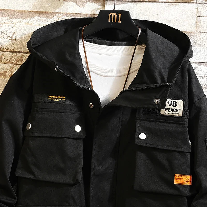 men jacket multi pockets hooded outwear korean fashion patch jackets zipper coats retro techwear oversize men clothing relaxed fit trousers