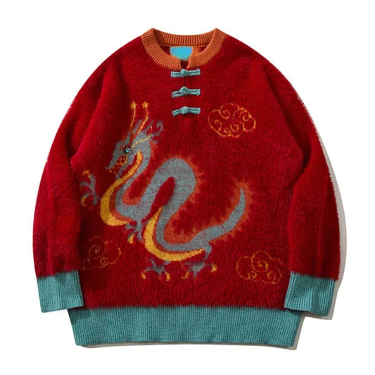 Hip Hop Knitted Sweater Unisex New Year Chinese Tie Dragon Pattern Pullover Streetwear Casual Loose Sweater Warm Jumper Knitwear Street King Limited
