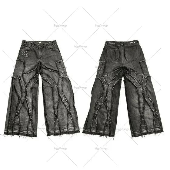2023 street retro raw edge high waist skinny jeans mens y2k fashion casual loose versatile distressed wide leg jeans womens unique jeans style 1581