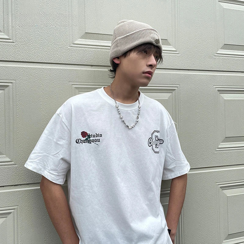 Retro back rose print washed distressed t-shirt national fashion brand pure cotton short-sleeved men's couple wear half-sleeved Street King Limited