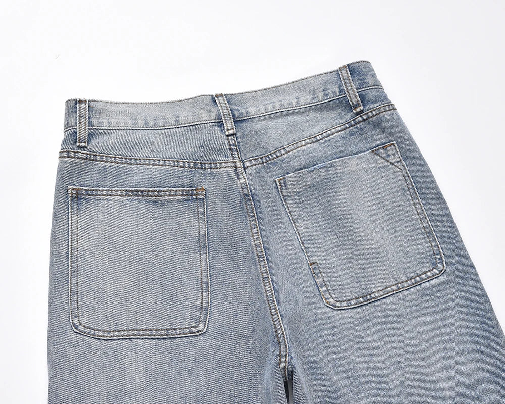 string lace up frayed washed pantalones hombre baggy blue jeans for men y2k streetwear washed casual denim trousers oversized unique jeans style 3232