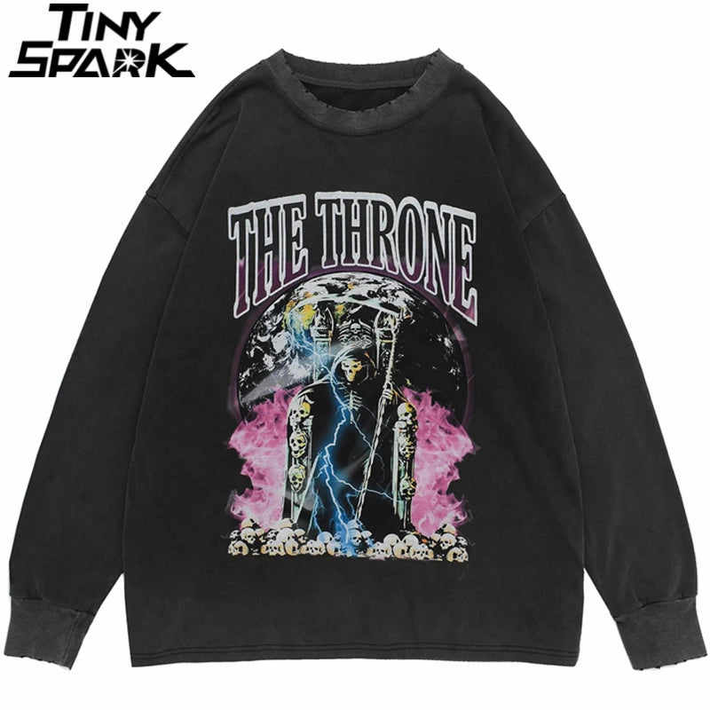 Hip Hop 2023 Men Streetwear Sweatshirt Skull Lightning Print Pullover Ripped Hole Sweatshirt Harajuku Cotton Loose Sweat Shirt Street King Limited
