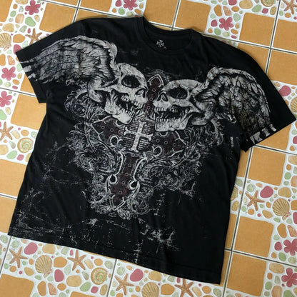 Street Y2K New Popular Gothic Printed Cotton T-shirt Men Harajuku Hip Hop Retro Loose Short Sleeved Couple Casual Joker T-shirt Street King Limited