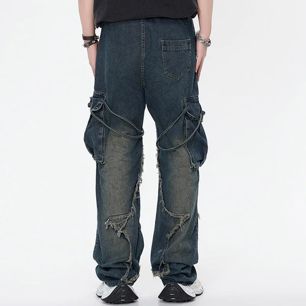 Men Casual Jeans Stitch Star Raw Edge Cargo Pants Y2K High Street Denim Trouser American Vintage Straight Baggy Jeans Unisex Street King Limited