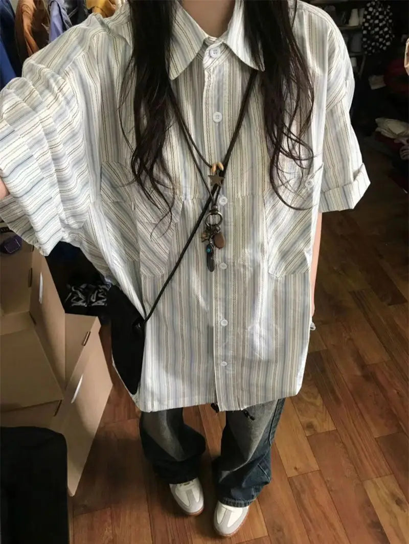 Korean Retro Blue Striped Short-sleeved Shirt for Women Summer 2024 New Niche Design Y2K Loose Half-sleeved Shirt Tops Street King Limited