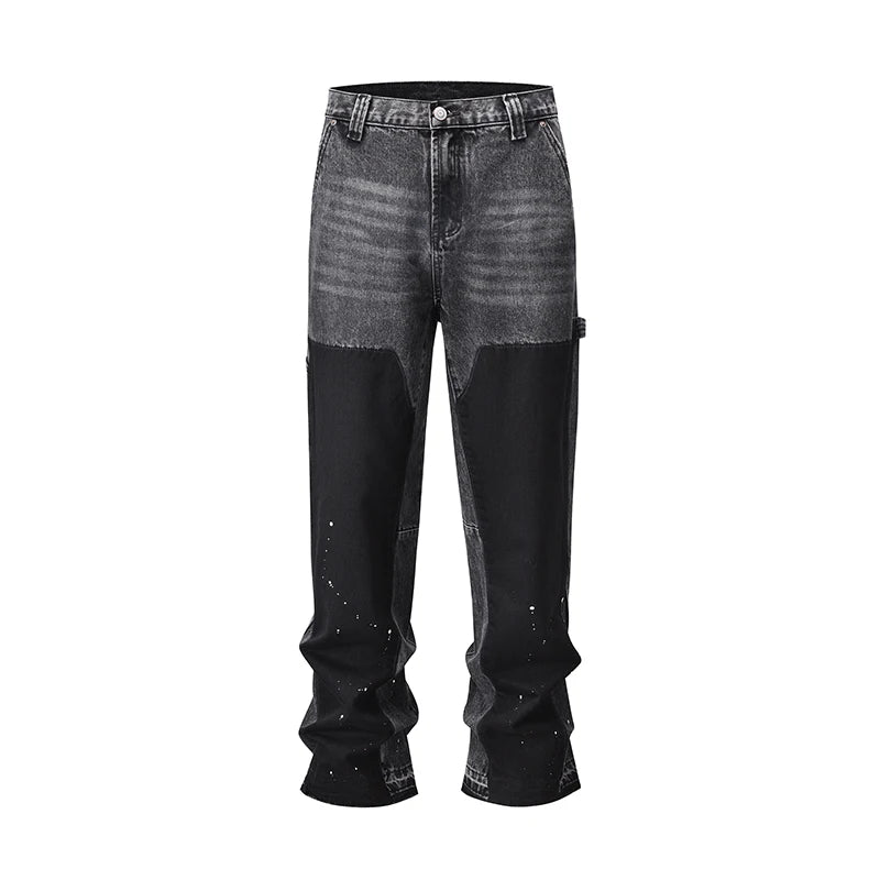 patchwork graffiti black straight denim pants mens vintage patches stitching ink splashed jeans y2k logging cargo pants for male unique cargo style 447