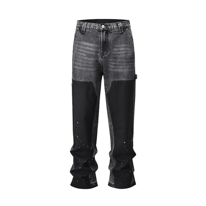 patchwork graffiti black straight denim pants mens vintage patches stitching ink splashed jeans y2k logging cargo pants for male unique cargo style 447