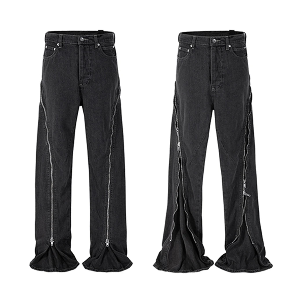 ro style spiral long zipper straight baggy jeans for men and women streetwear y2k pantalones hombre casual denim trousers unique jeans style 3403