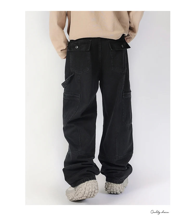 men american streetwear fashion loose casual hip hop wide leg black denim baggy jeans pants man y2k cargo jeans trousers unique cargo style 2229
