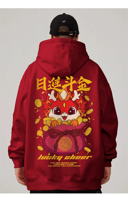 Lucky Cheer Dragon Printed Hoody Man Y2K Streetwear Clothes Fleece Hip Hop Loose Fashion Pullover Sweatshirts Graphic Hoody Street King Limited