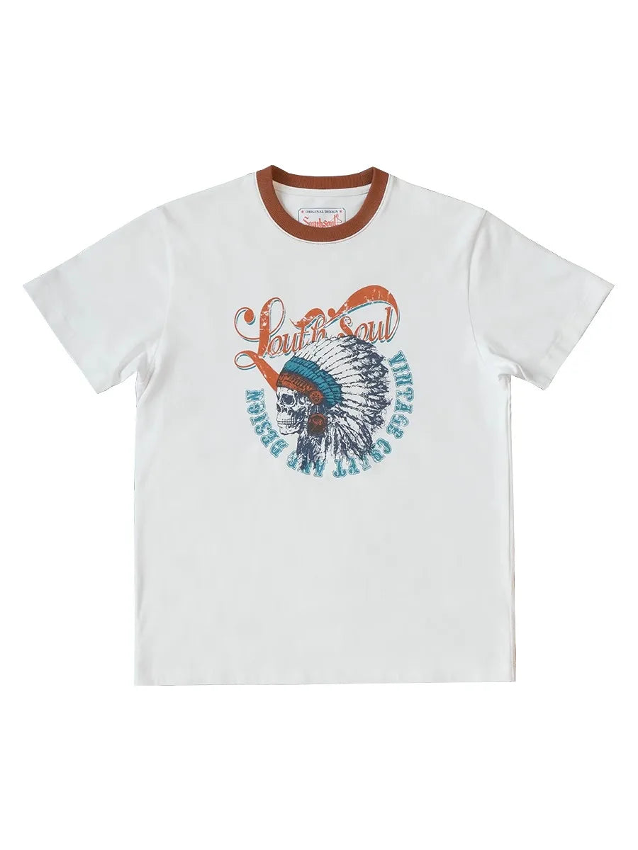 American vintage heavyweight cotton 280g contrasting thread print T-shirt for men with small neckline anti-shrinking Street King Limited