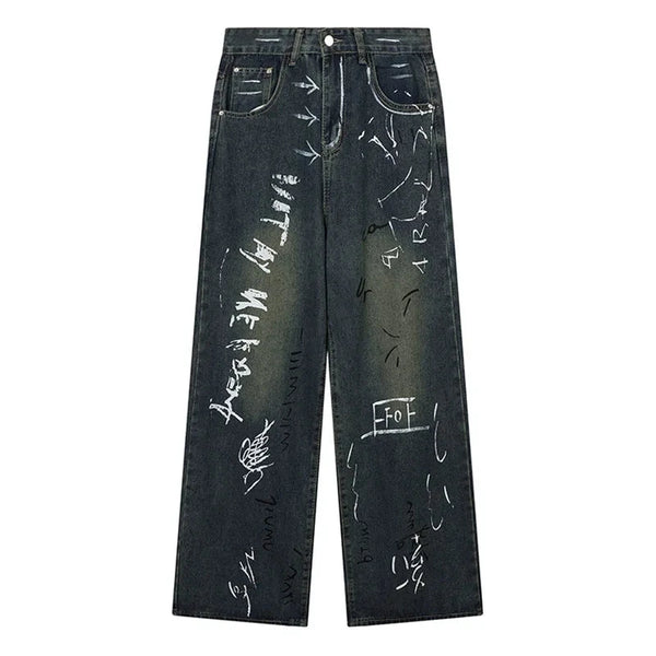 Men Blue Baggy Jeans Graffiti Print Straight Denim Trousers Harajuku Y2K Vintage High Waist Wide Leg Pants Streetwear Unisex Street King Limited