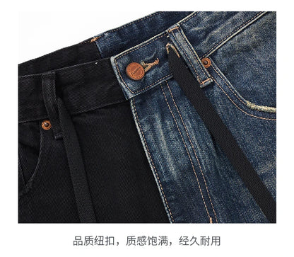 men streetwear fashion black blue splice hip hop loose casual wide leg straight baggy jeans pant cityboy jeans pants trousers unique jeans style 2532