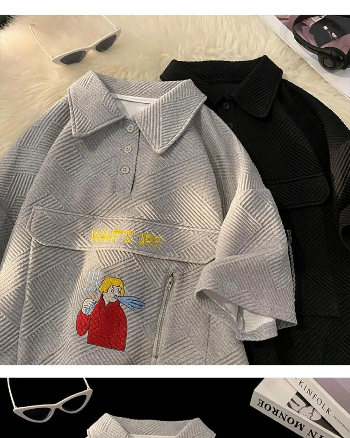 Korean waffle short-sleeved polo shirt with cartoon pattern summer jacquard collar t-shirt for men ins Hong Kong style loose top Street King Limited