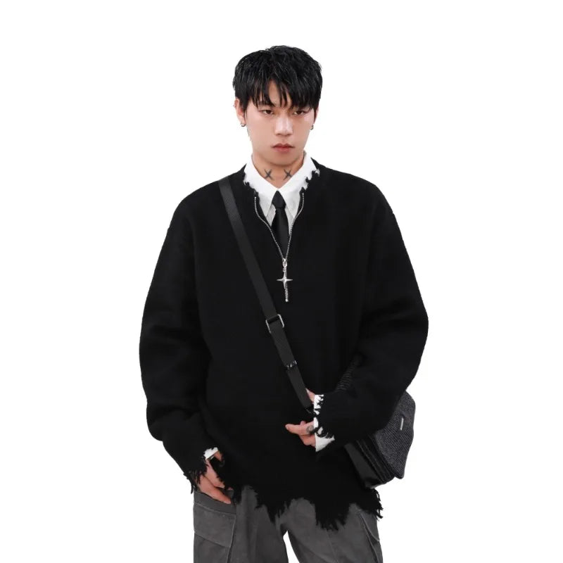 American High Street Mens Sweater 2024 New Autumn Half Zipper Fashion Knitted Tops Damaged Hip-hop Irregular Hem Pullover Street King Limited