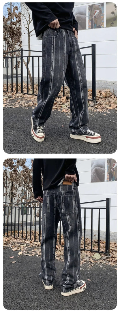 men streetwear brand fashion hip hop loose casual straight stripe motorcycle denim jeans pant cityboy y2k jeans trousers unique jeans style 2393