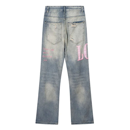 Men Blue Ripped Baggy Jeans Pink Letter Embroidered Denim Trousers Y2K Harajuku Vintage Punk Wide Leg Straight Pants Streetwear Street King Limited