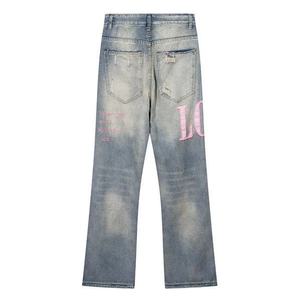 Men Blue Ripped Baggy Jeans Pink Letter Embroidered Denim Trousers Y2K Harajuku Vintage Punk Wide Leg Straight Pants Streetwear Street King Limited