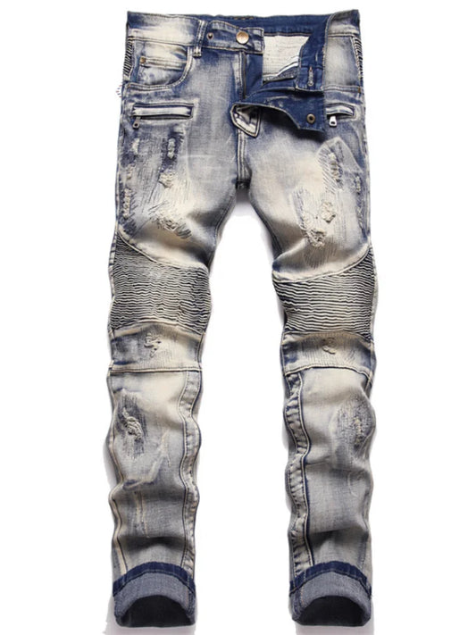 distressed washed pleated denim jean pants new fashion biker jeans streetwear casual slim pants jogger y2k mens skinny joggers casual joggers