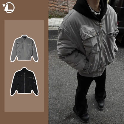 High Street Pilot Cotton Jackets Mens Thickening Winter Tooling Trendy Profile Warm Bomber Coats Unisex Baseball Collar Parkas Street King Limited