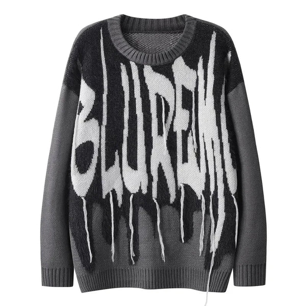 Men Gray Sweater Knit Letters Tassels Jacquard Pullovers Y2K Goth Punk Loose Jumper Streetwear Oversized Loose Knitwear Unisex Street King Limited